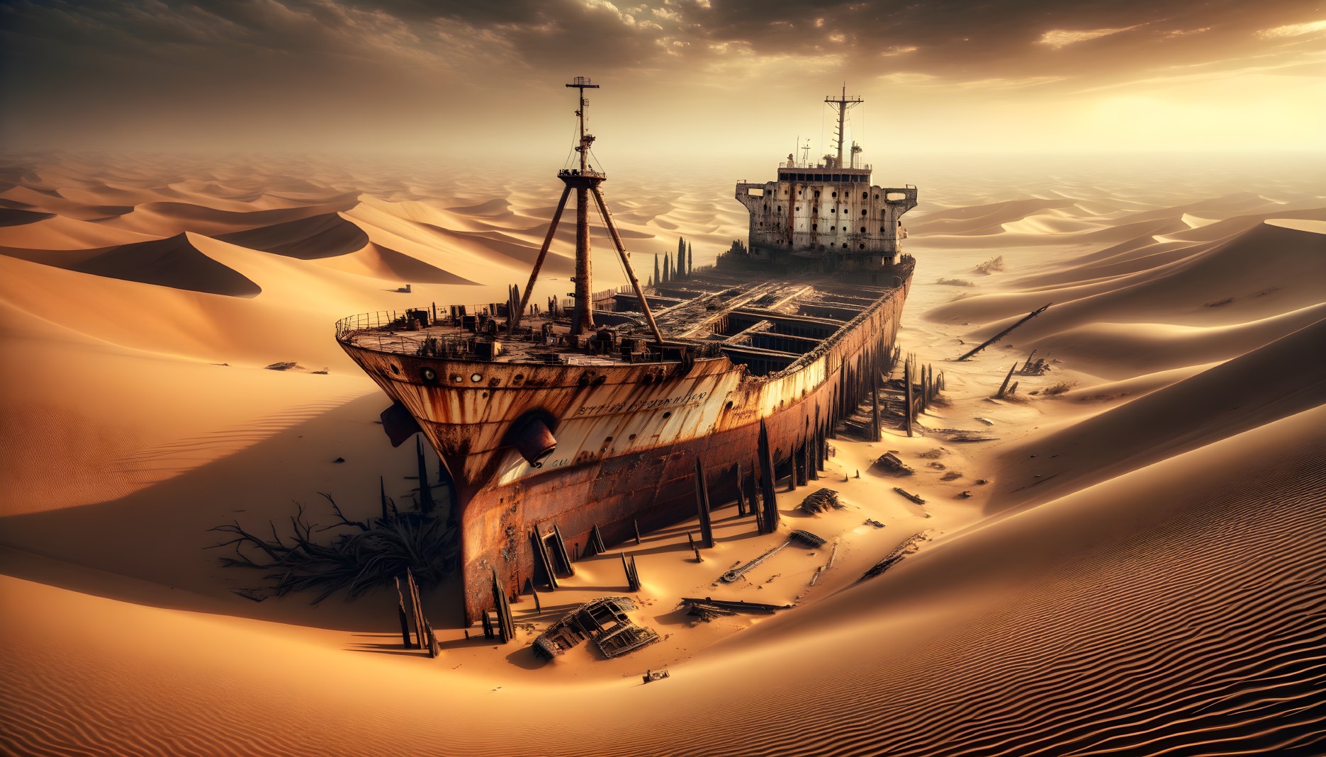 Abandoned Ship in Rusty Desert Landscape