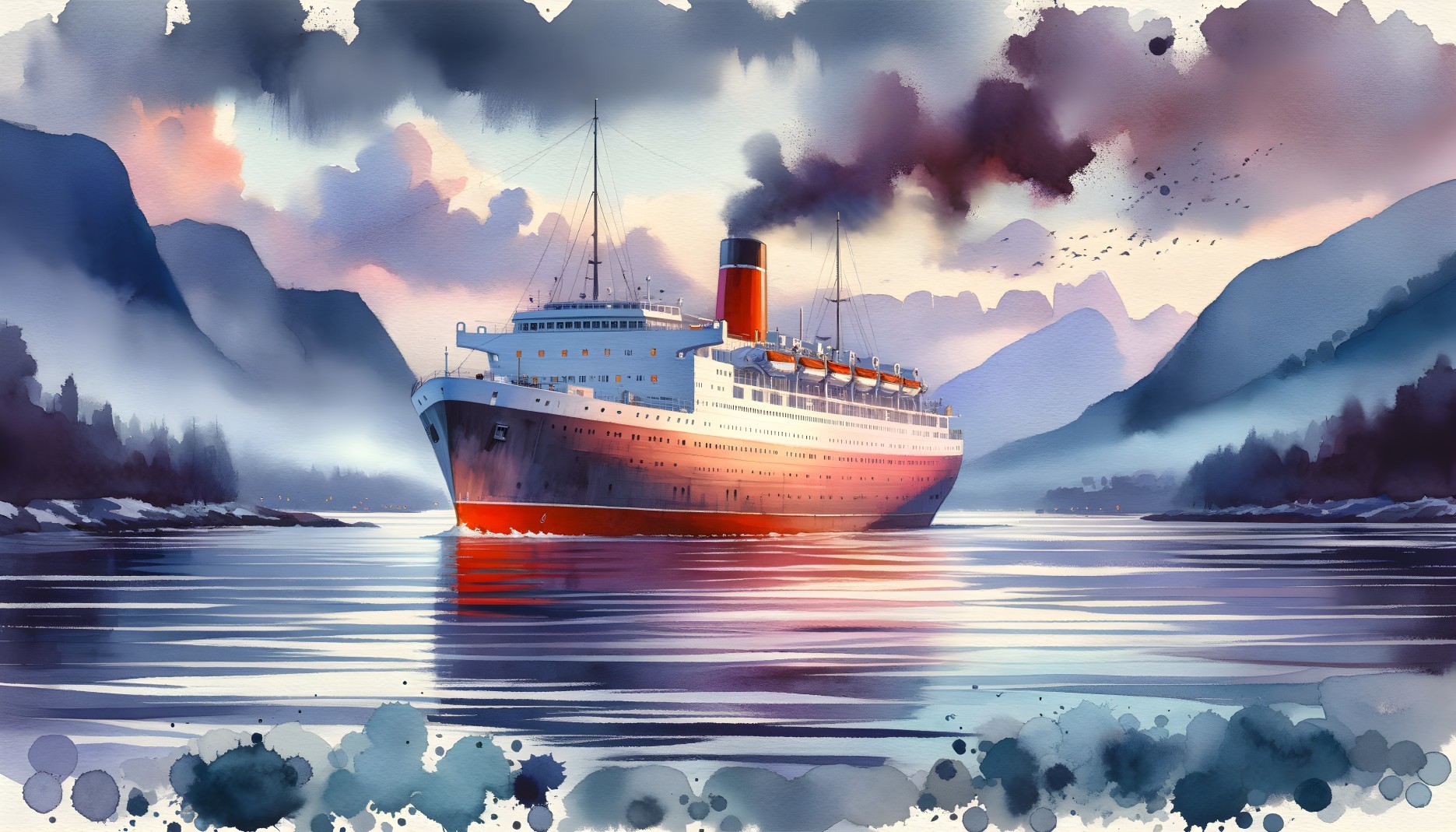 Majestic Ocean Liner in Serene Mountain Landscape