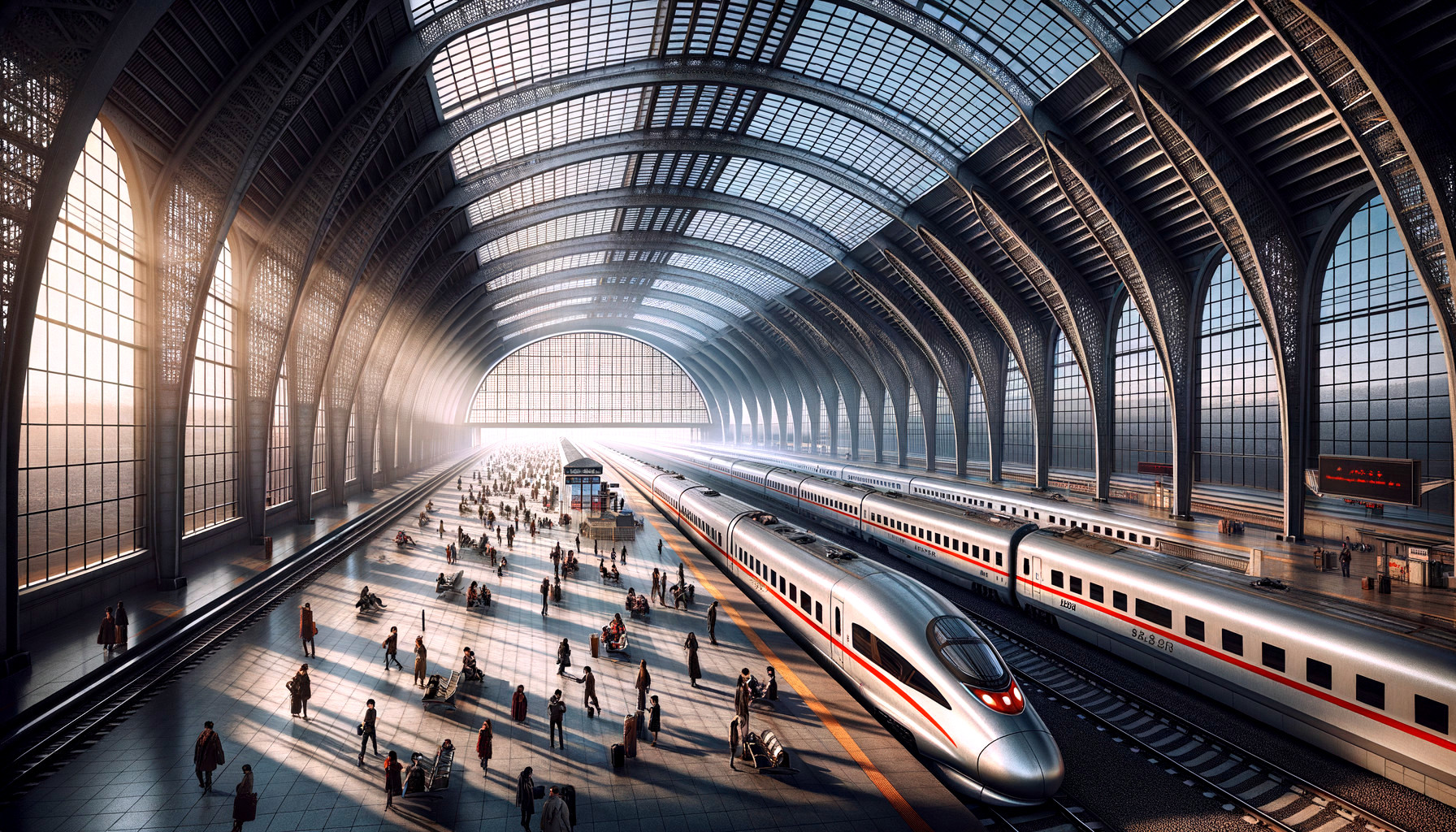 Spacious train station with sunlight and modern trains