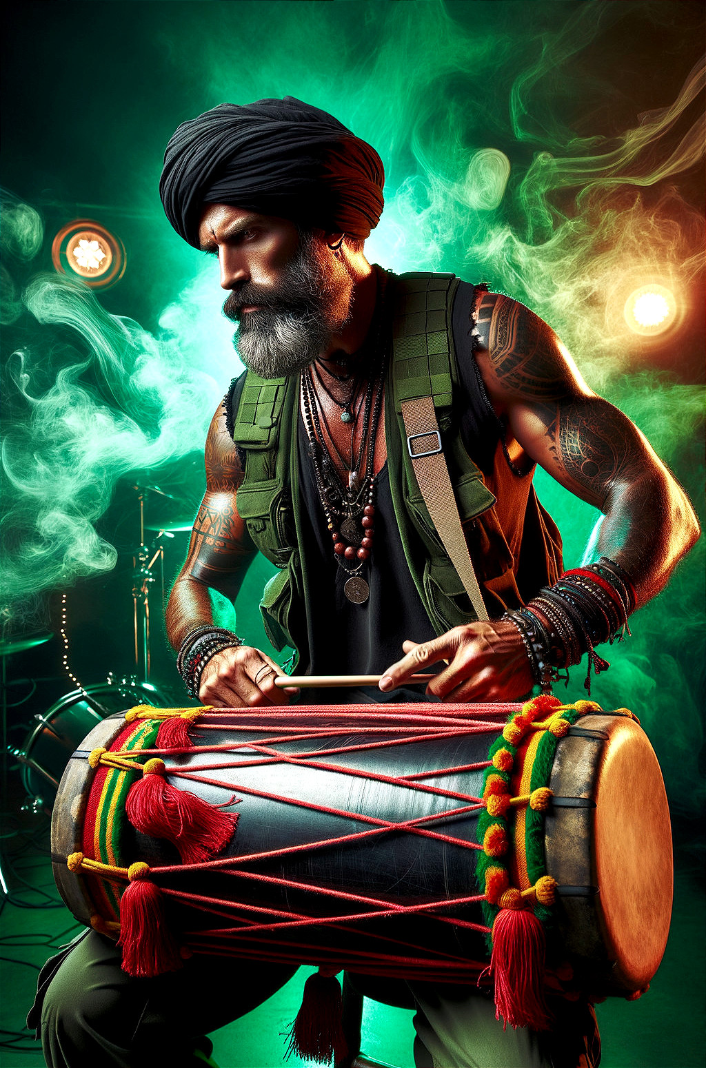 Man in Turban Playing Drum with Vibrant Background