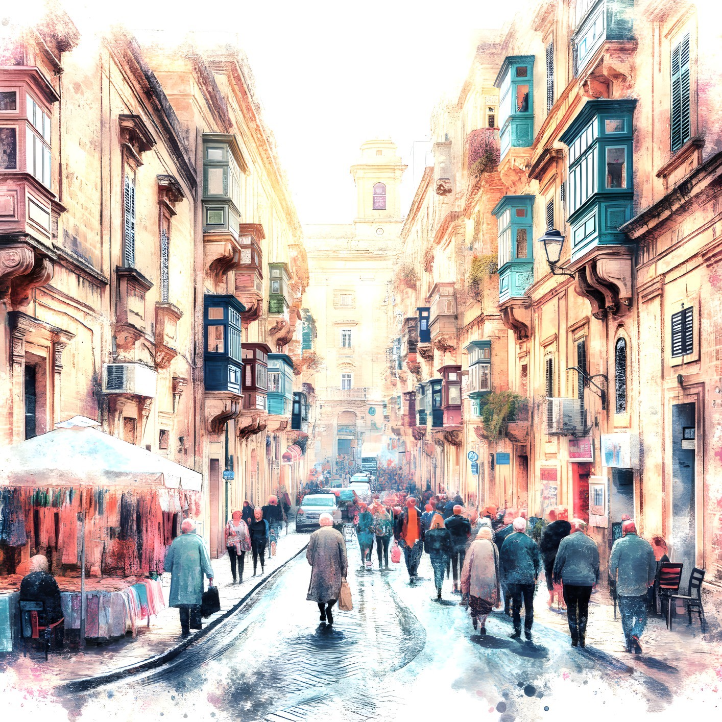 Vibrant Urban Street Scene with Colorful Architecture