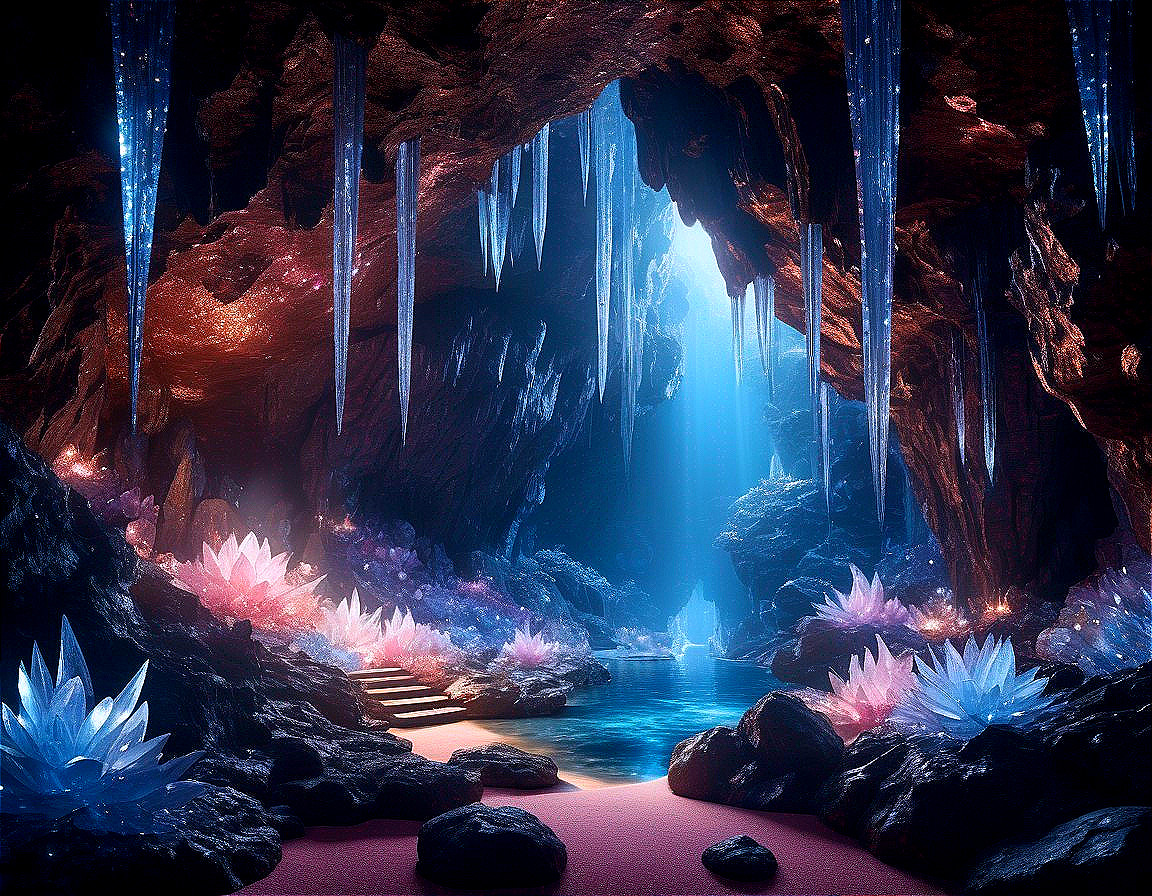 Illuminated Cave with Crystals and Serene Pool