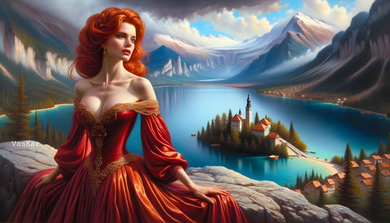 Serene Landscape with Woman in Red Gown by Lake