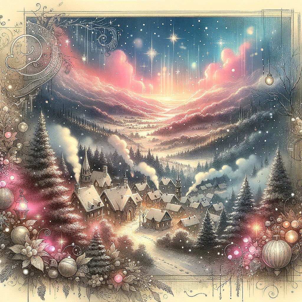 Winter Village Scene with Snow-Covered Mountains