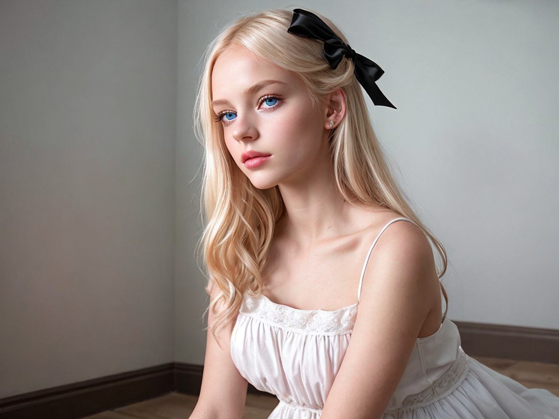 Young Woman in White Dress with Serene Expression