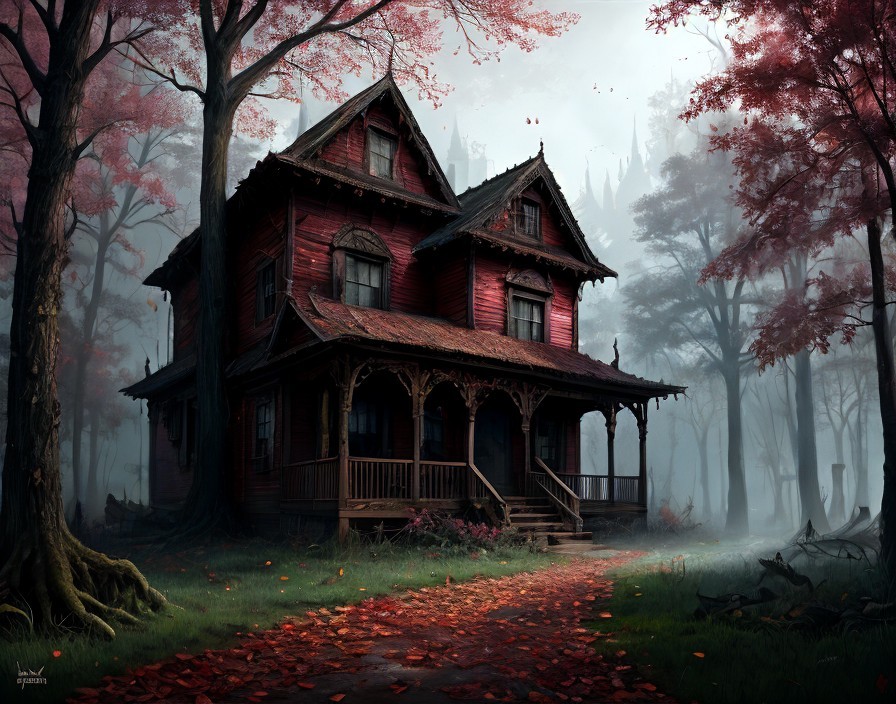 Abandoned Victorian House in Foggy Forest Setting