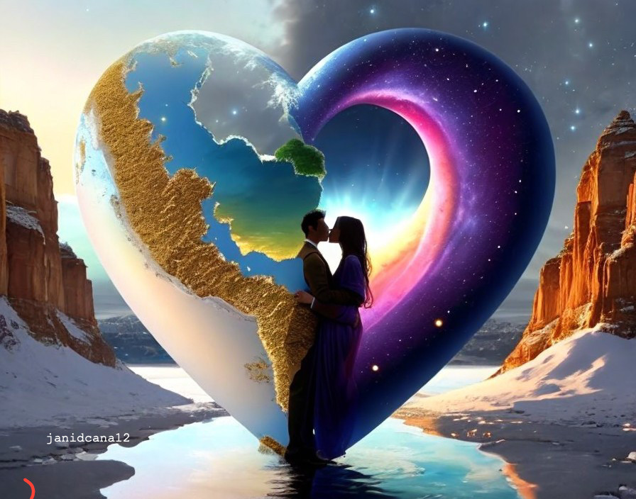 Couple Embracing Before Heart-Shaped Portal in Snowy Canyon