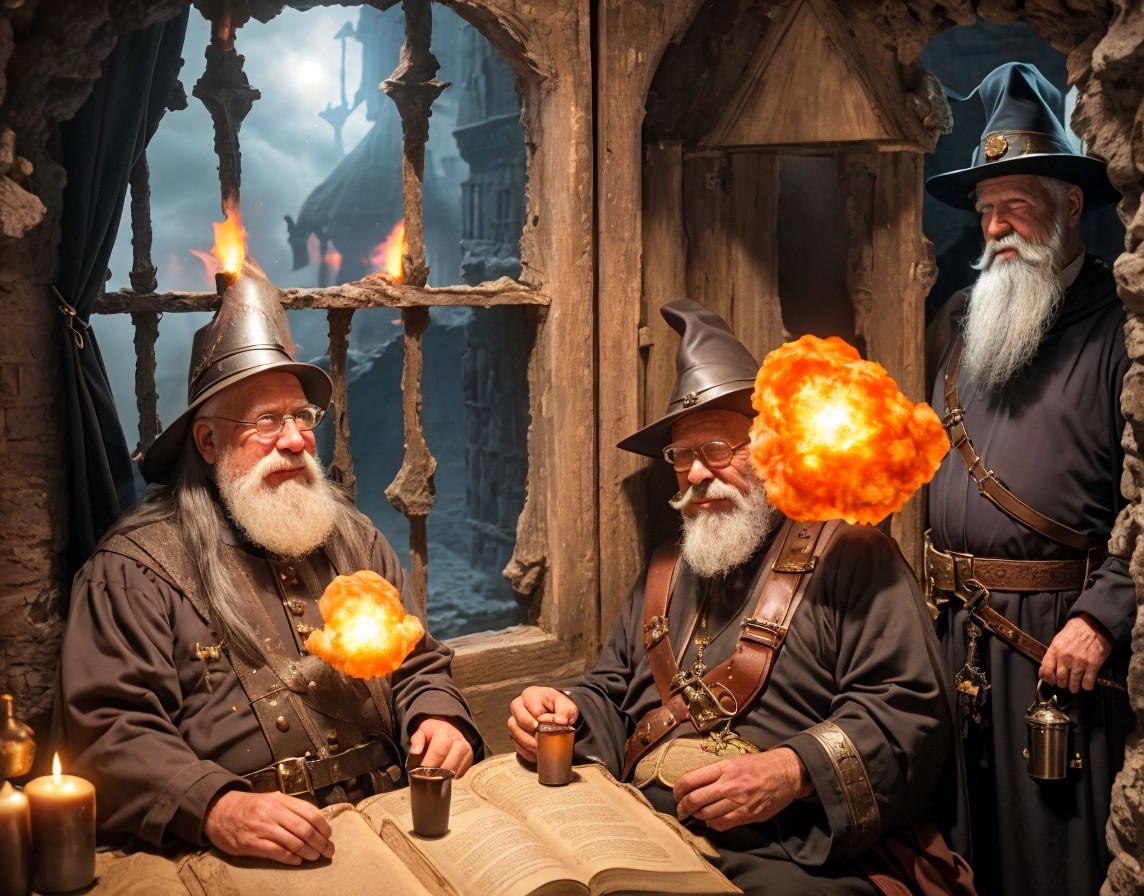 Three Wizards in Costumes Conjuring Fire Indoors