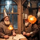 Three Wizards in Costumes Conjuring Fire Indoors