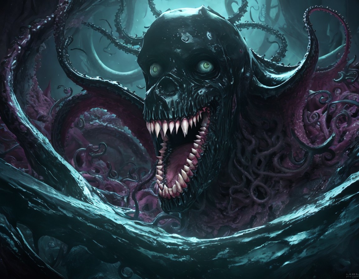 Monstrous Skull with Tentacles in Dark Background