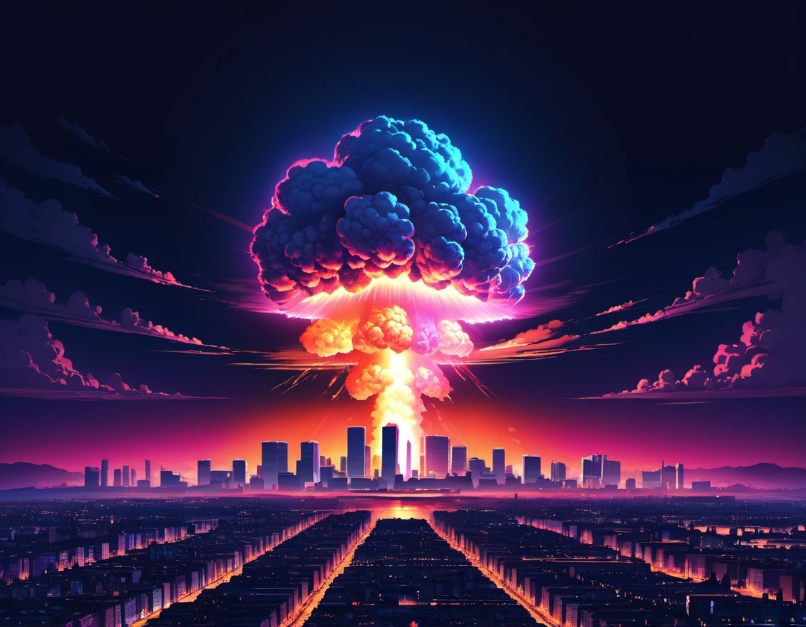 Mushroom Cloud Over City at Sunset with Reflections