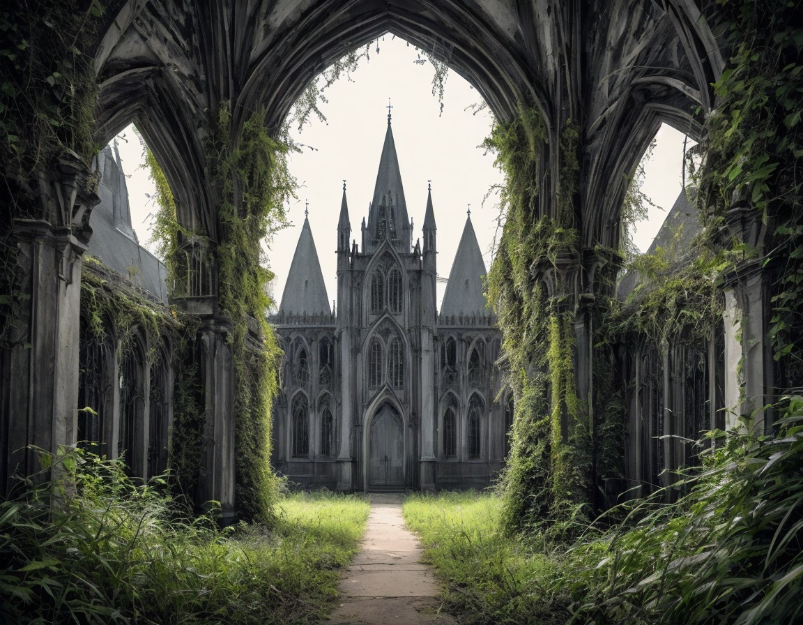 Gothic Cathedral Framed by Ivy-Covered Arches