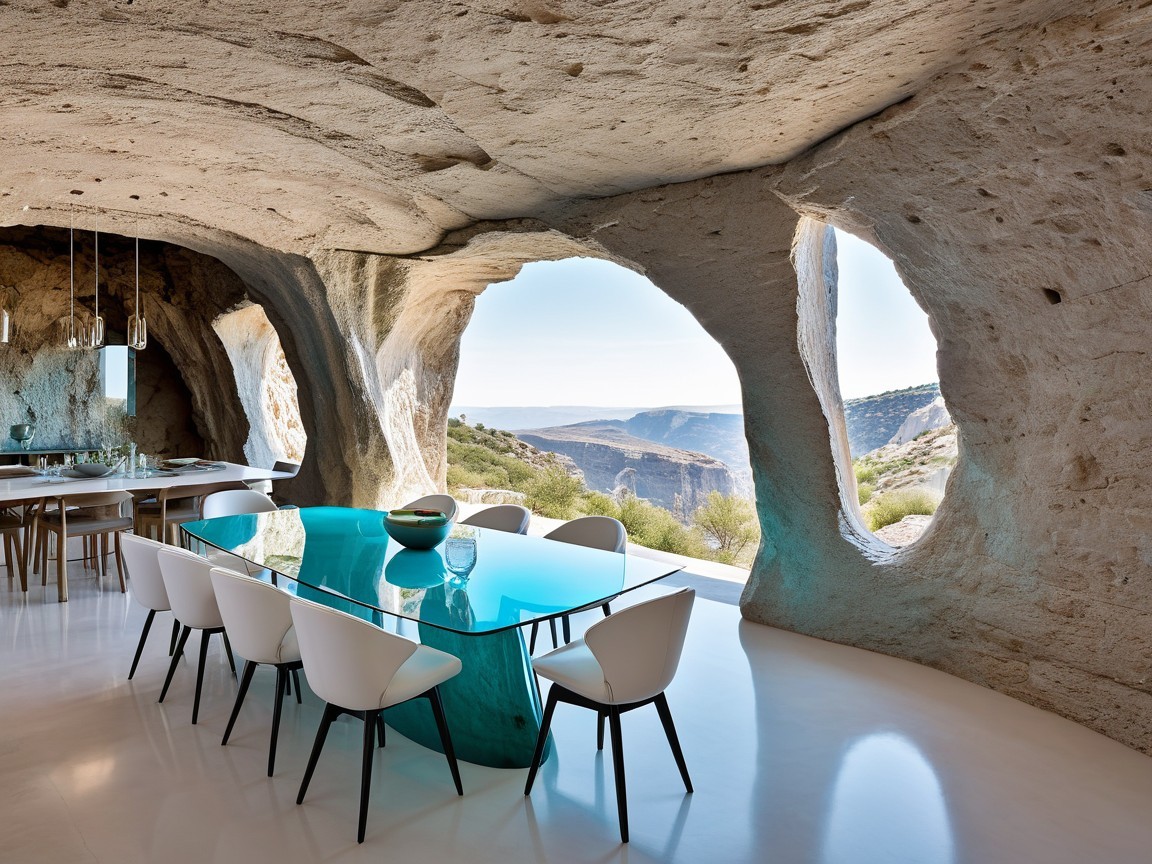 Modern Dining Area in Unique Rock Formation Setting