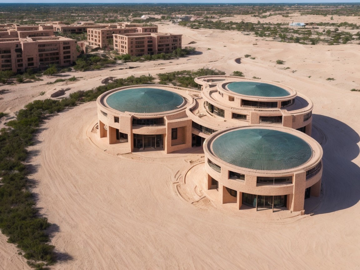 Architectural Complex with Green Domes in Desert Landscape
