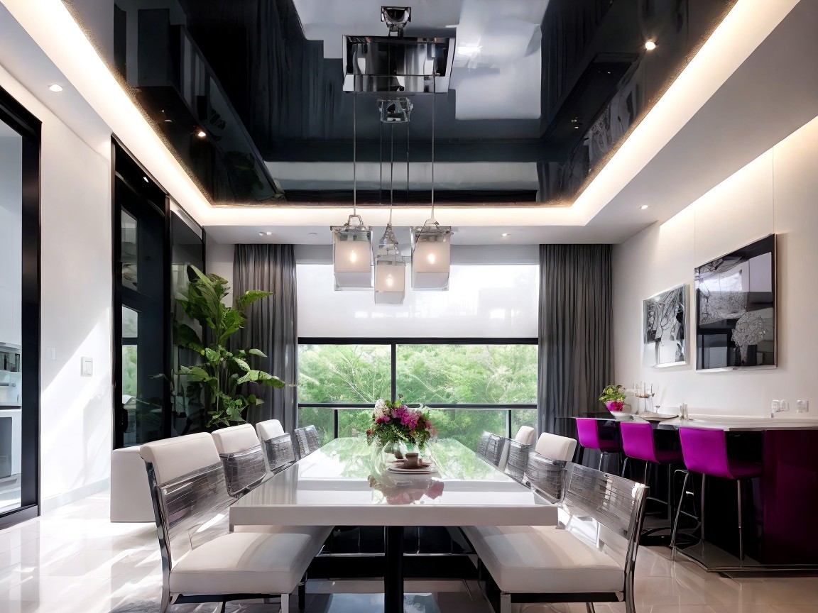 Modern Dining Area with White Table and Greenery View