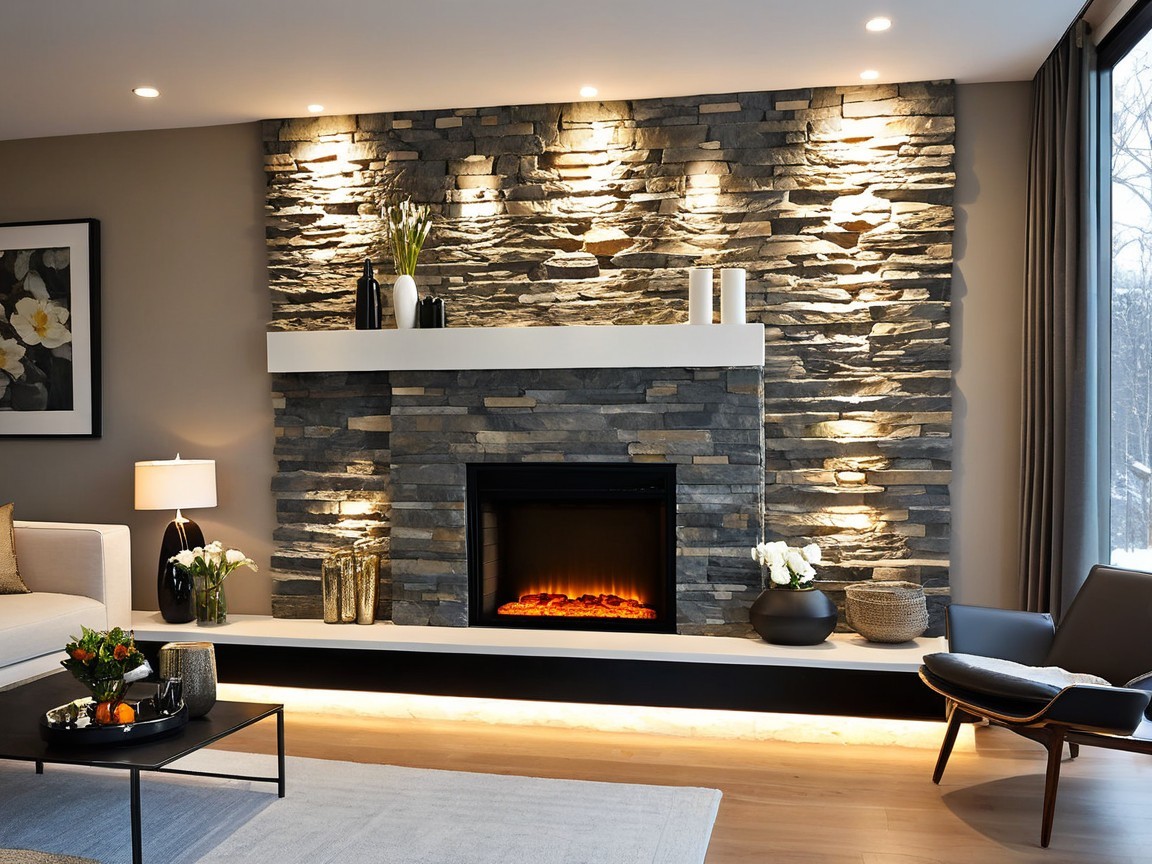 Modern Living Room with Stone Fireplace and Elegant Decor