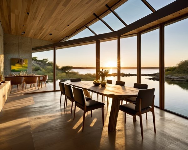 Modern Luxurious Dining Room with Sunset View