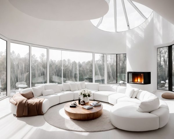 Modern White Living Room with Curved Sofa and View