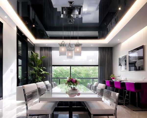 Modern Dining Area with White Table and Greenery View