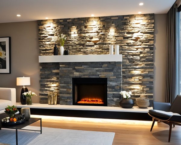 Modern Living Room with Stone Fireplace and Elegant Decor