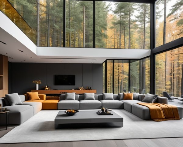 Modern Living Room with Gray Sectional and Nature Views