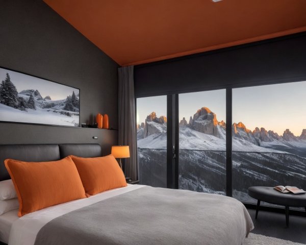 Cozy Bedroom with Mountain Views and Modern Design