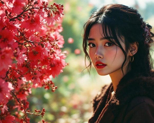 Young Woman in Brown Coat Surrounded by Pink Flowers