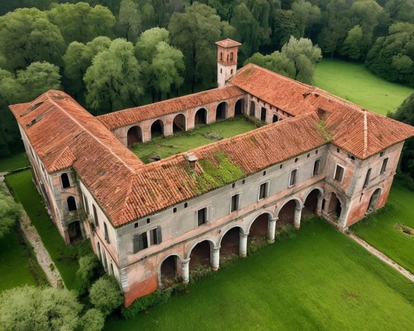 Aerial View of Abandoned Historic Building with Greenery