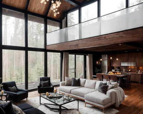 Modern Living Room with High Ceilings and Natural Light