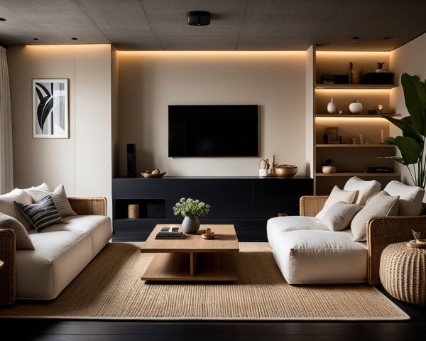 Modern living room with sofas, coffee table, and decor