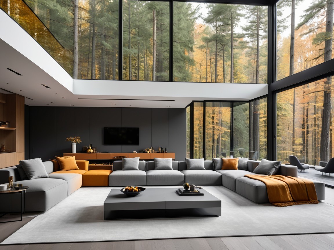 Modern Living Room with Gray Sectional and Nature Views