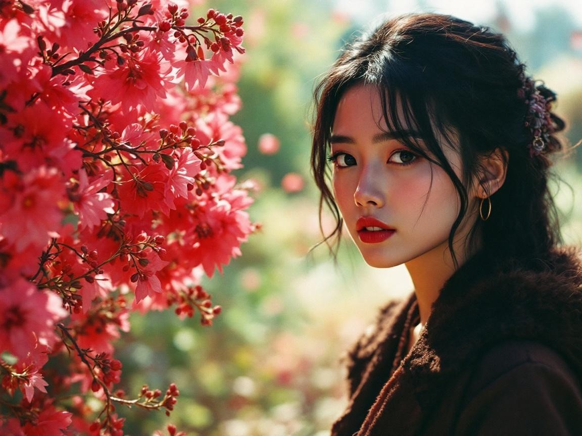 Young Woman in Brown Coat Surrounded by Pink Flowers