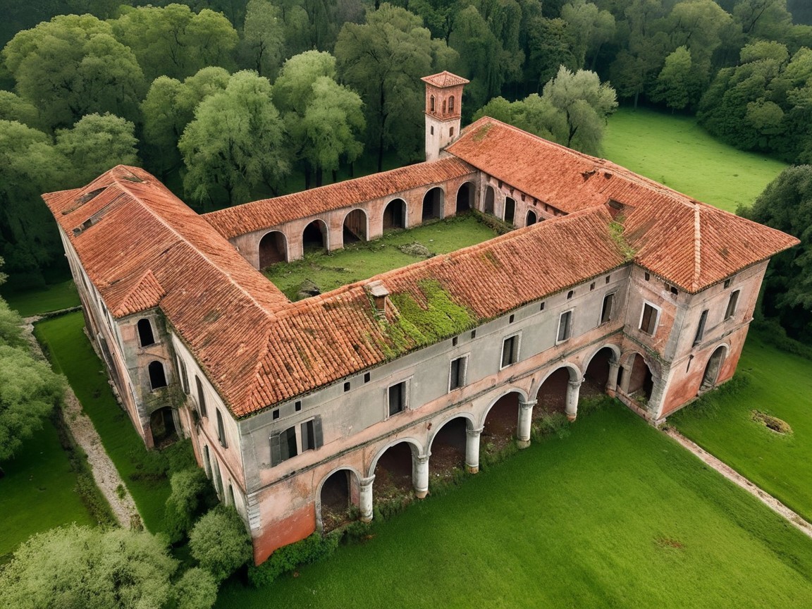 Aerial View of Abandoned Historic Building with Greenery