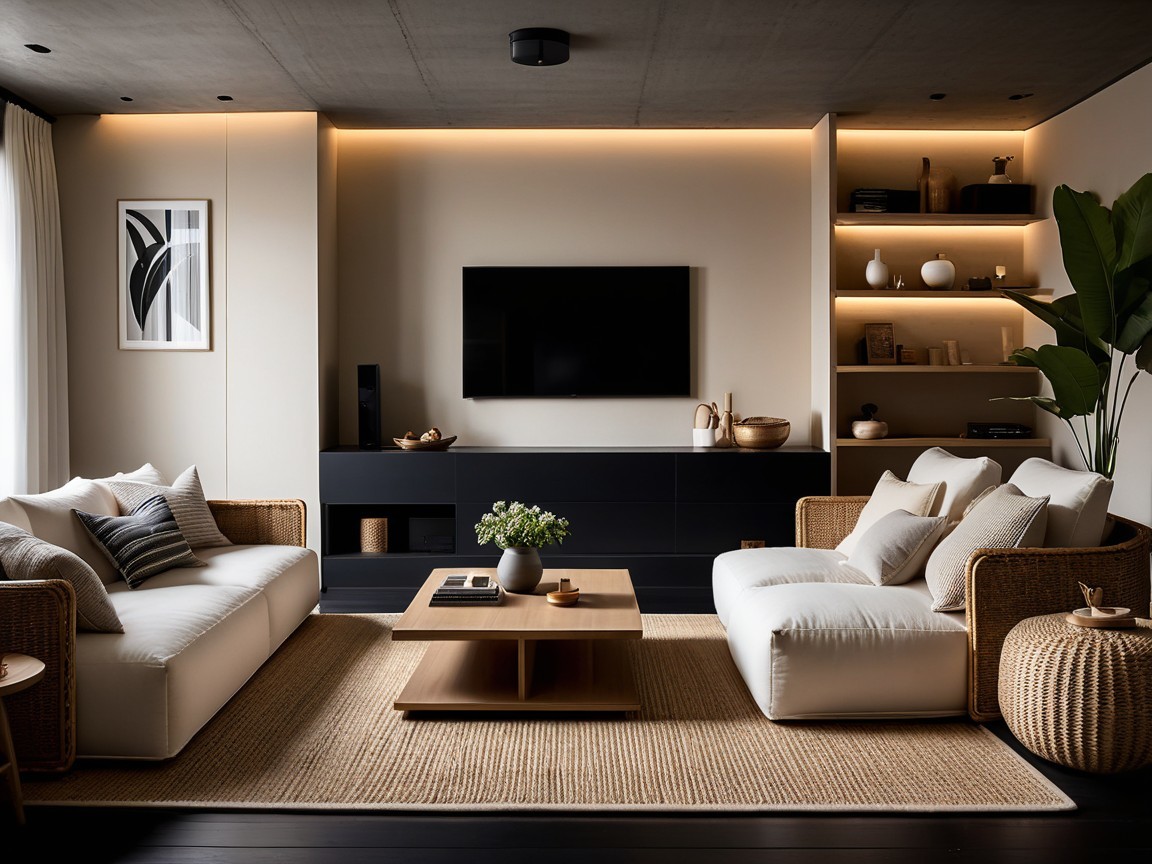 Modern living room with sofas, coffee table, and decor