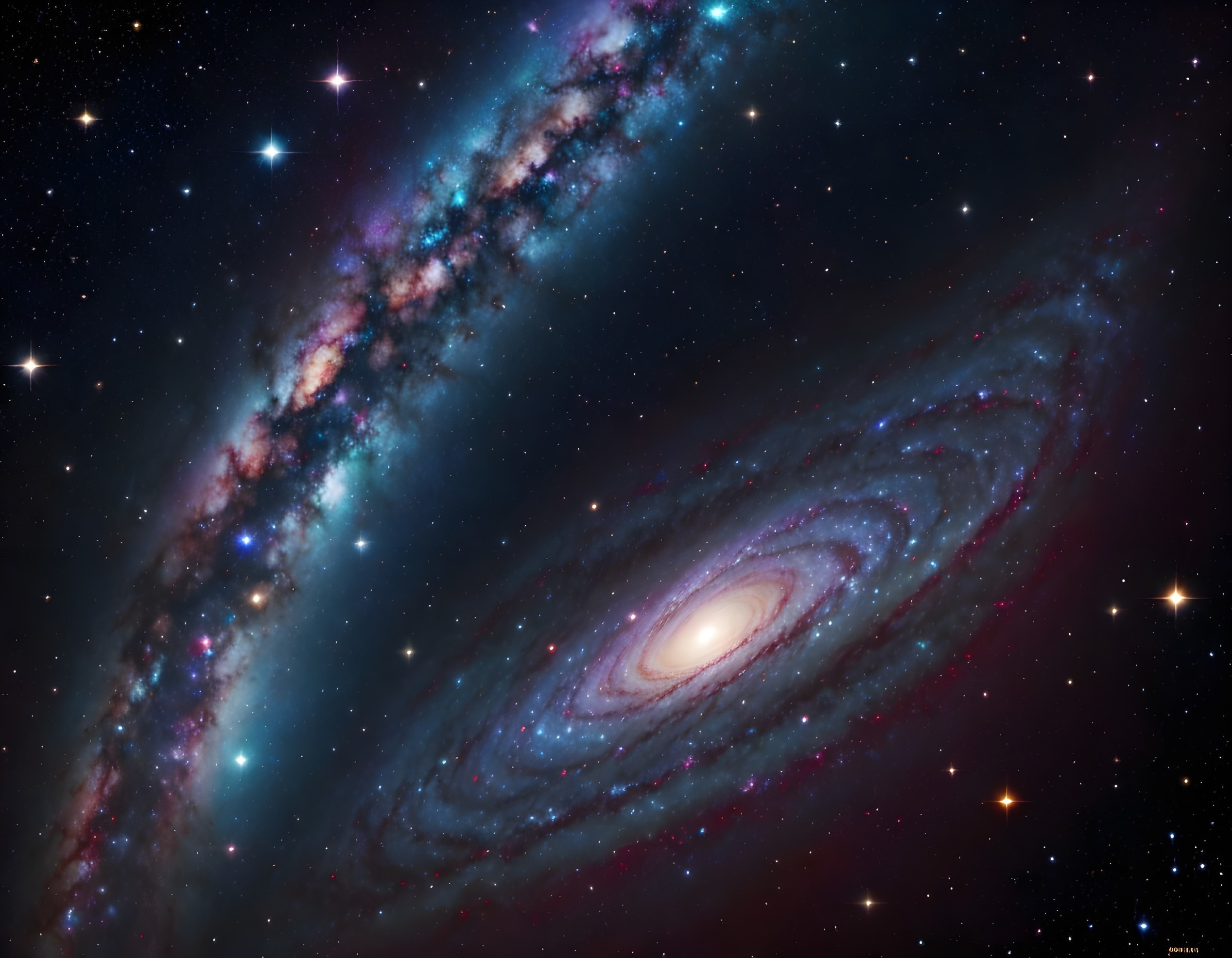 View of Two Galaxies with Colorful Cosmic Features