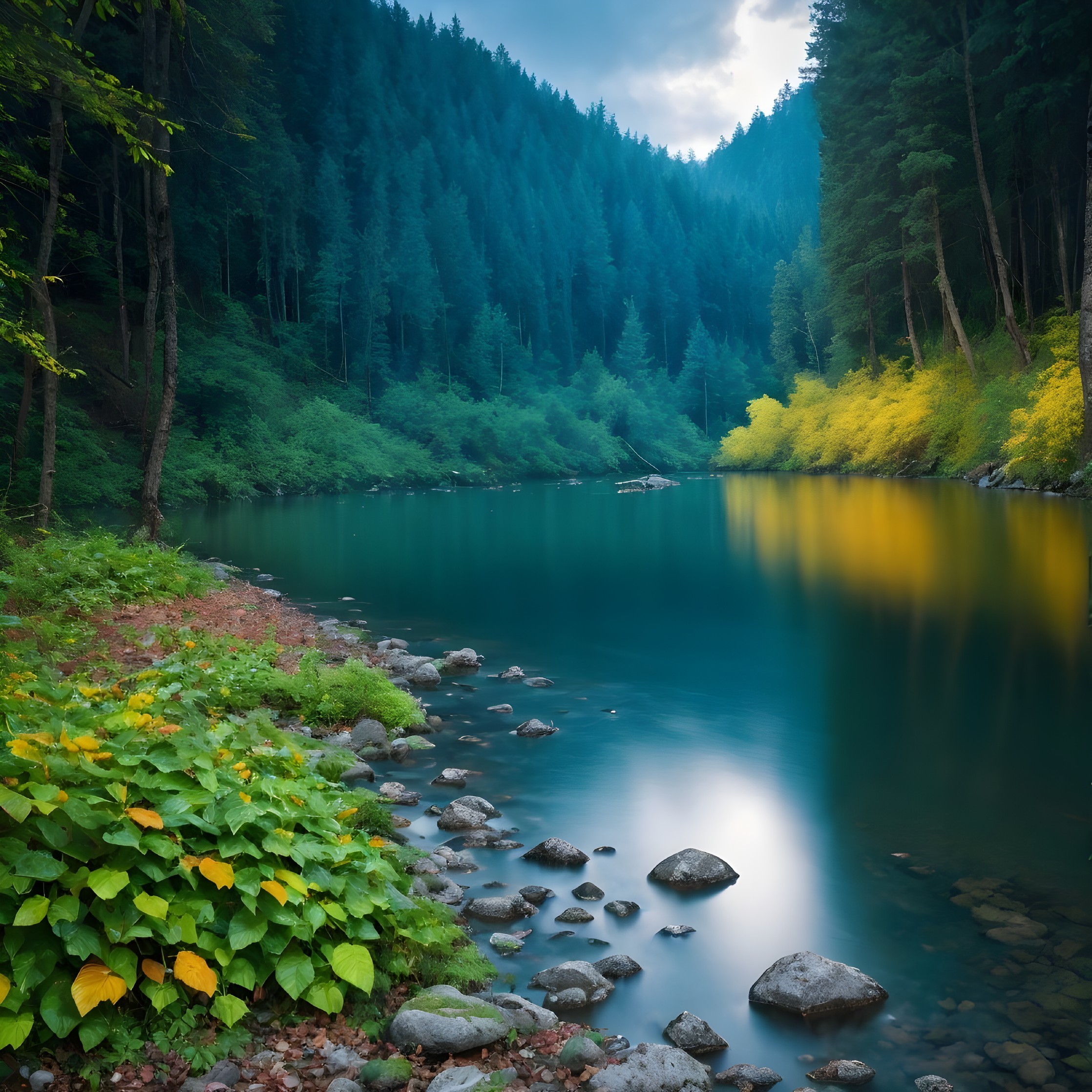 Serene River Flowing Through Lush Forest Landscape