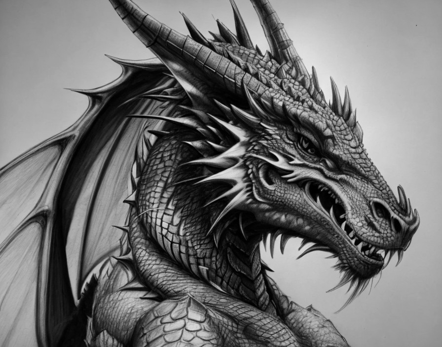 Detailed Black and White Sketch of a Dragon