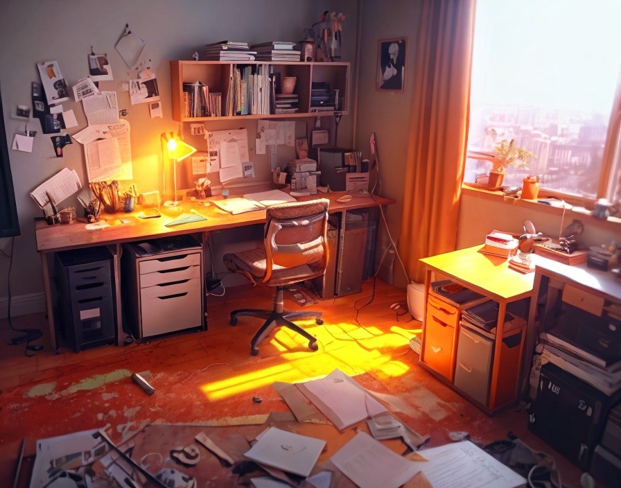 Cluttered Home Office at Sunset with Warm Desk Light