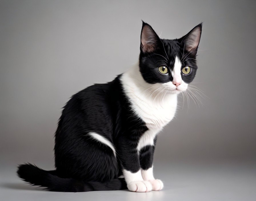 Black and white cat with sleek coat on gray background