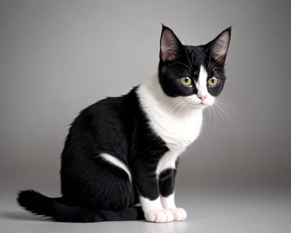 Black and white cat with sleek coat on gray background