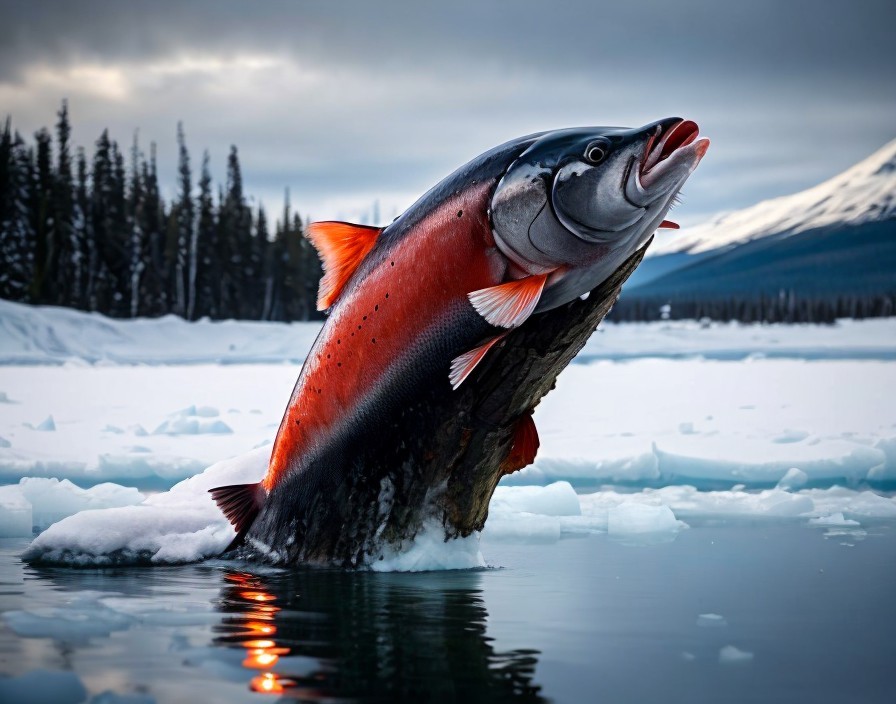 Sockeye salmon leaping from icy waters with mountains