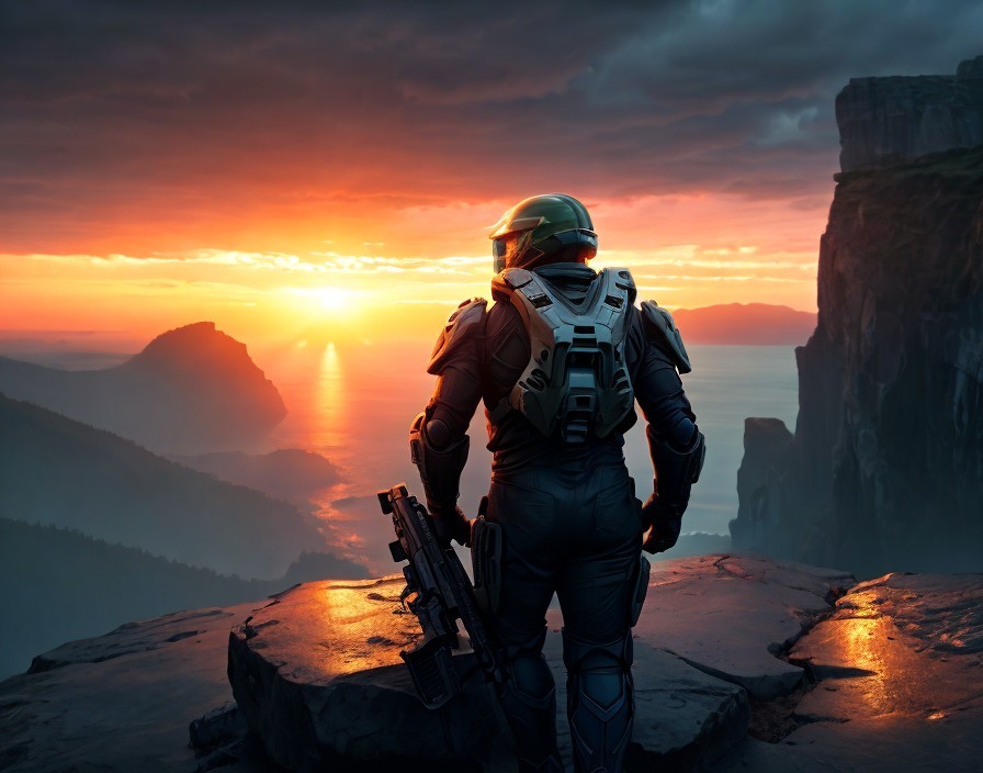 Futuristic soldier in armor at sunset on a cliff