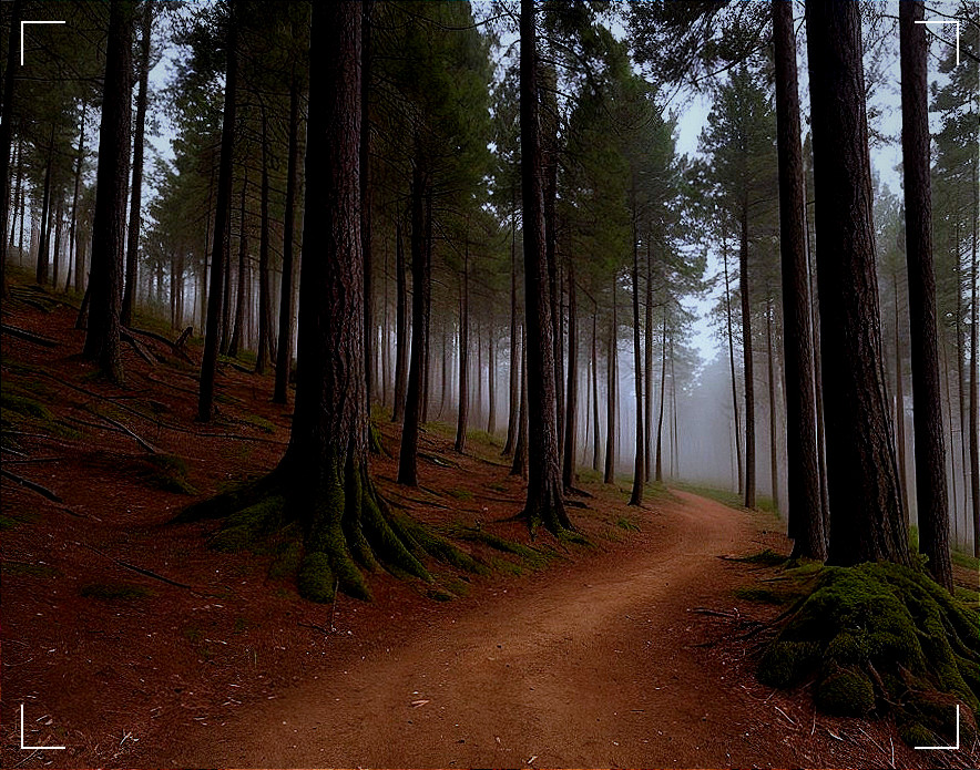 Misty Forest Path Among Towering Pine Trees