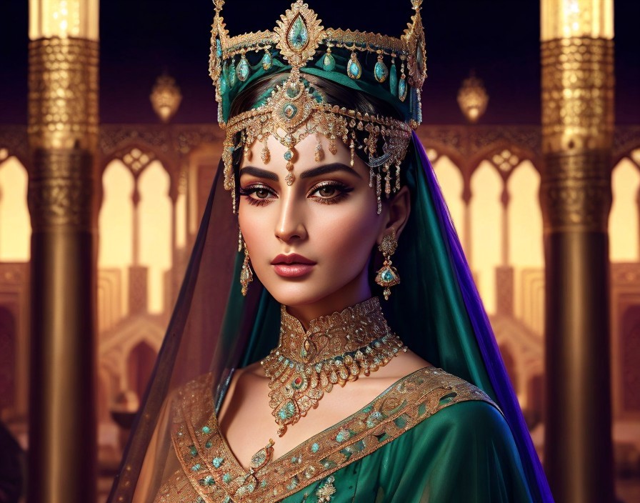 Regal Woman in Green and Gold Attire at Palace