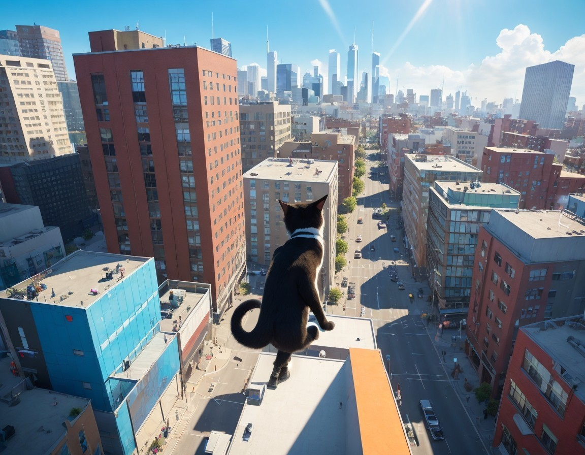 Black Cat on Tall Building Overlooking Cityscape