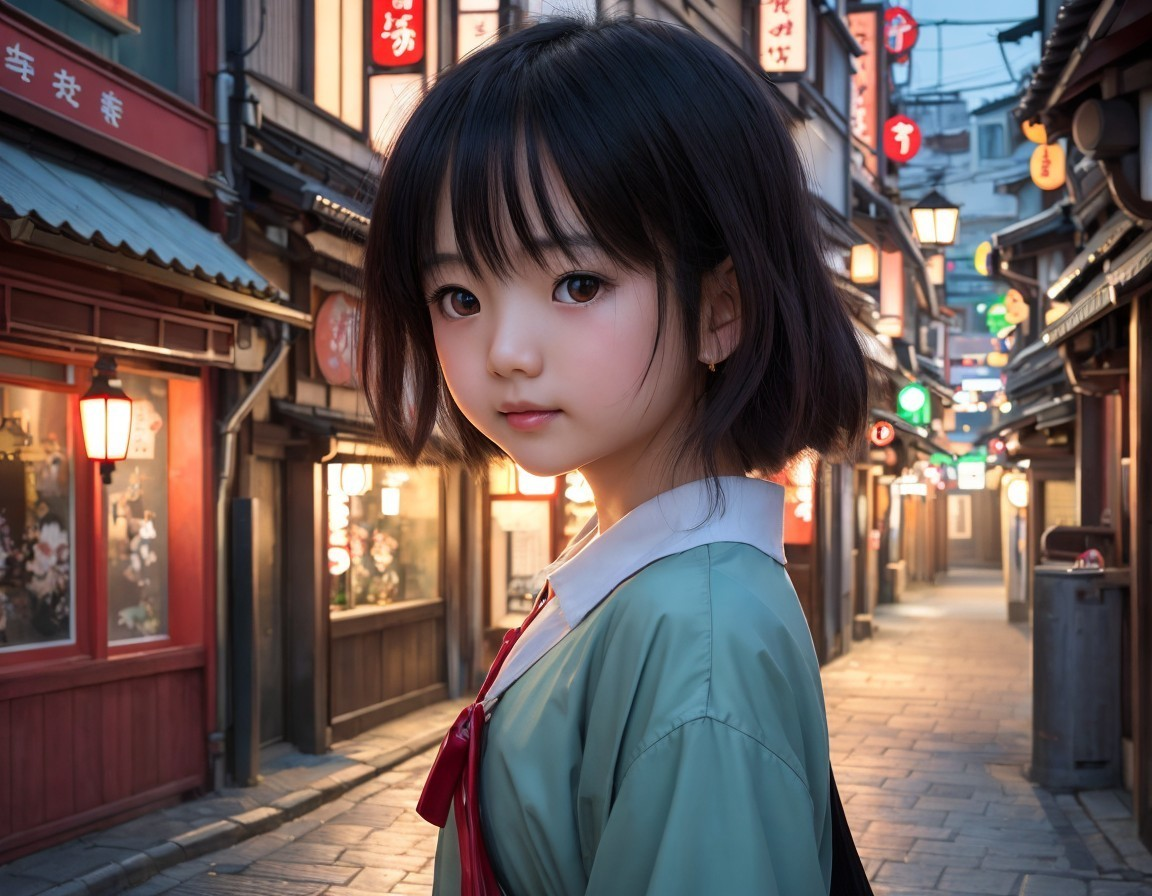 Young girl in illuminated Japanese alleyway wearing kimono