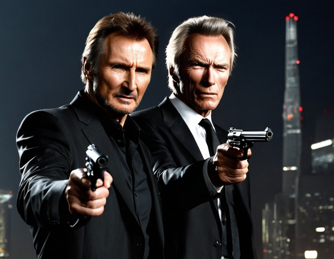 Men in Black Suits with Handguns Against City Skyline