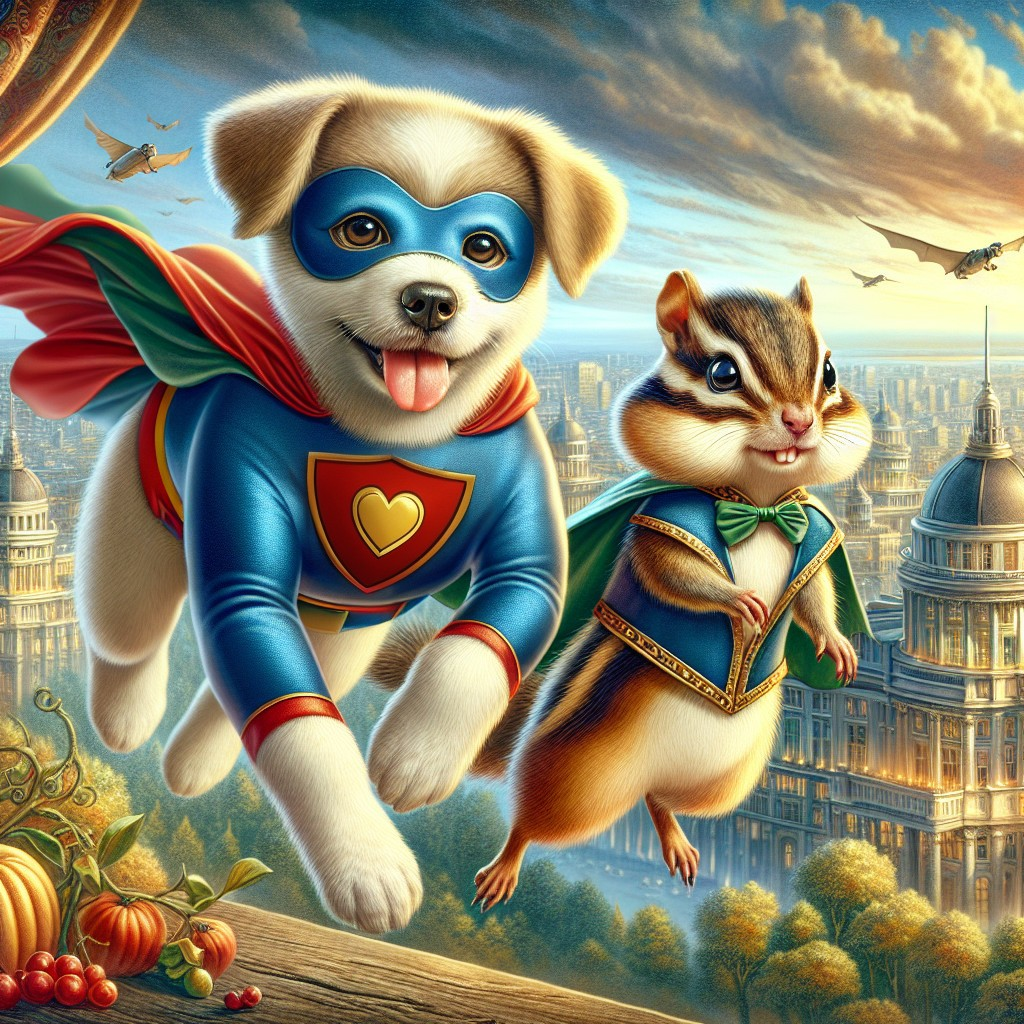 Superhero Puppy and Chipmunk in Whimsical Cityscape