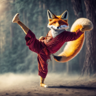 Whimsical Fox in Kimono Shows Martial Arts in Forest