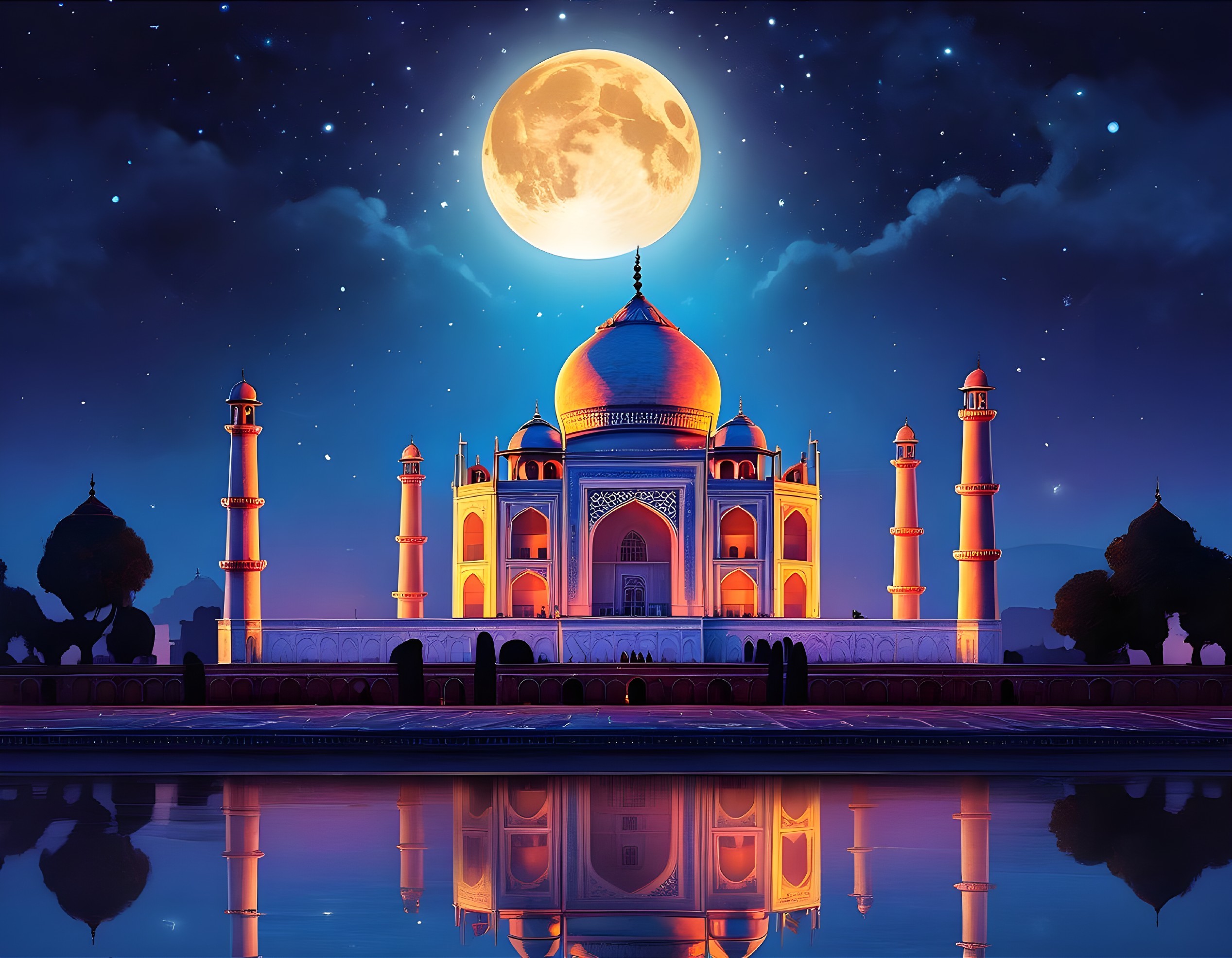 Taj Mahal Illuminated by Full Moon and Stars